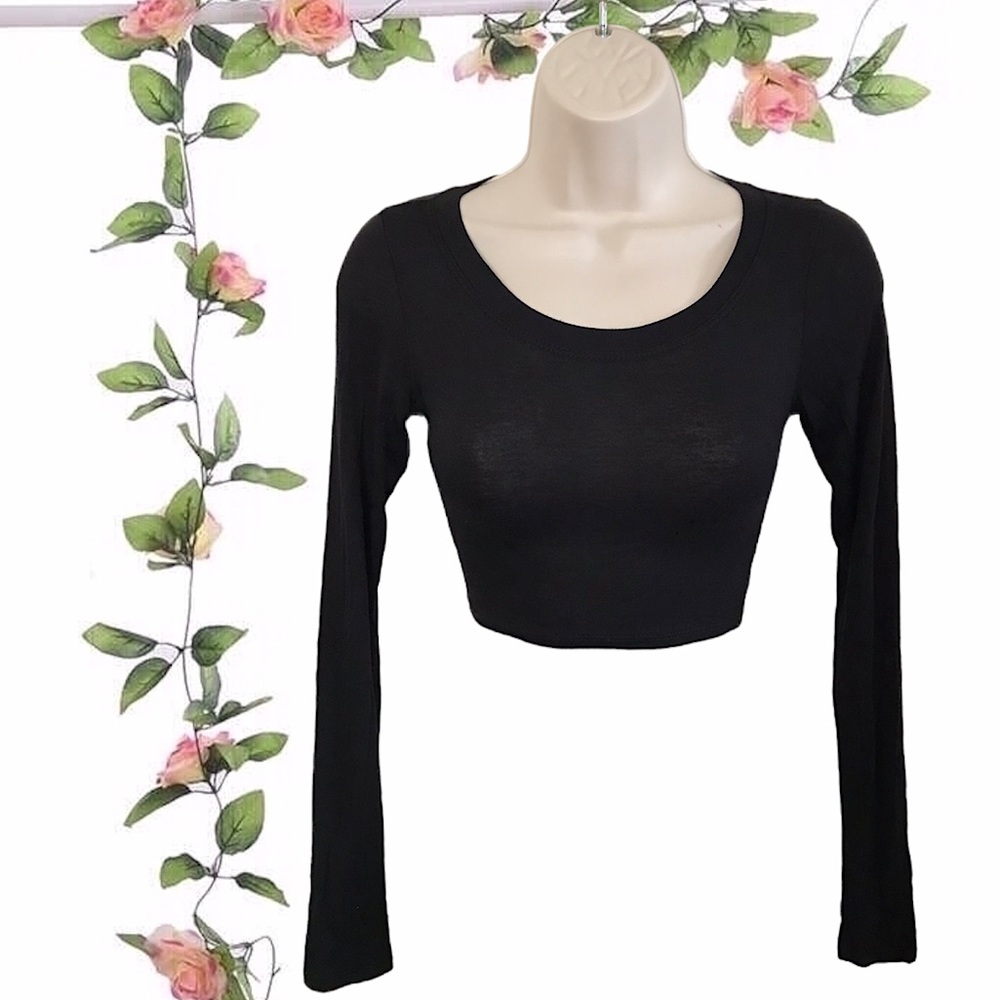 Bling Bling Black Long Sleeve Scoop Neck Crop Top Womens Size Small - Picture 1 of 4